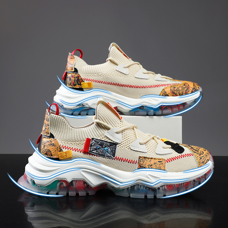 Plus Size Chinese Style Flyknit Thick-Soled Dad Casual Fashion Sports Men's Outdoor Breathable Mesh Running Shoes