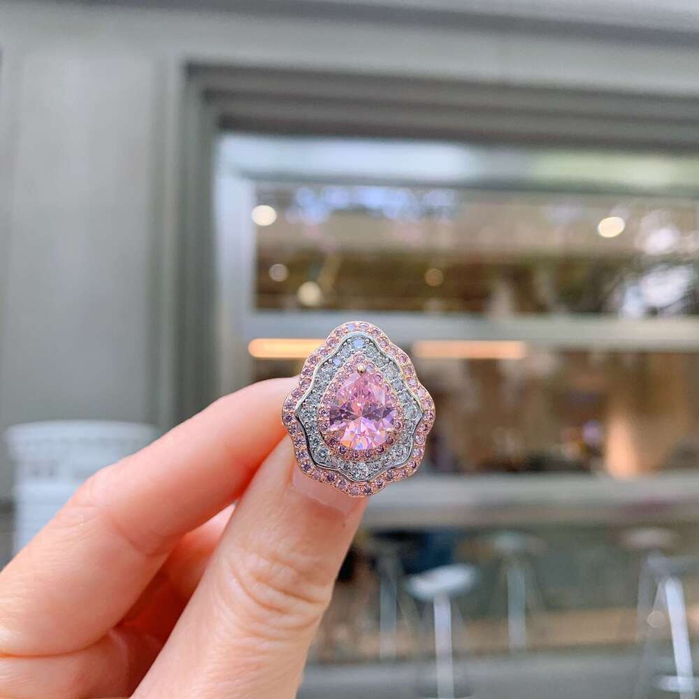 New Pink Diamond Micro Pave Pear Shape Colorful Jewelry Exaggerated Zircon Ring For Women 6Da