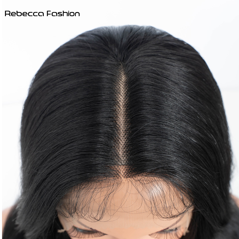 Rebecca Fashion Front High-definition T-Lace 28 Inch Synthetic High Temperature Fiber Resistant Body Wave 13*4*1 Lace Bangs Daily Party For Women