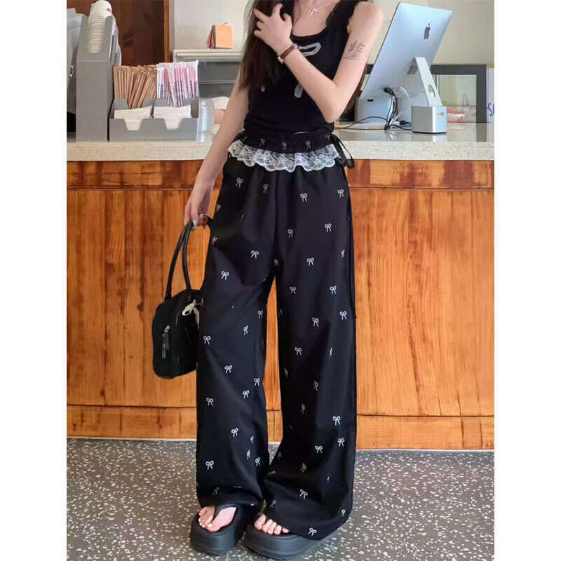 American Sweet Bow Lace Patchwork Casual For Women Summer Autumn New High Waist Loose Slimming Wide Leg Pants B5