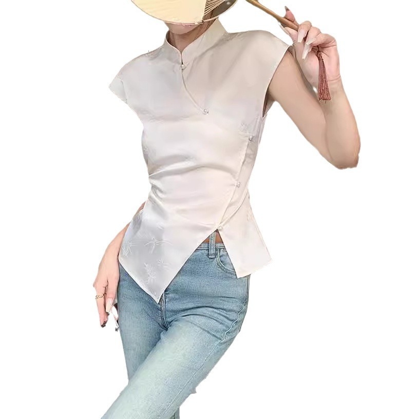 2025 Summer New Women's T-shirt Rice White Sleeveless New Chinese Ethnic Style Women's T-shirt Summer Slimming Unique Top New Designer T-shi