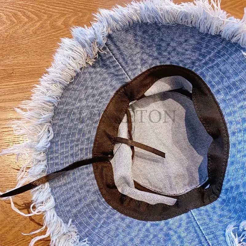 Summer Unisex Tassel Washed Denim Bucket Hats Fashion for Women Wide Brim Foldable Panama Hat Outdoor Beach Fishermans Hat Y250707