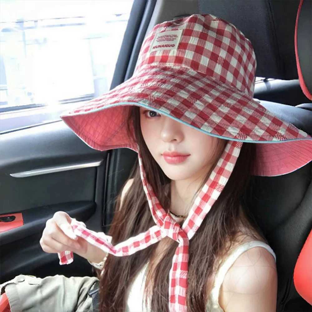 Versatile Double-Sided Bucket Cap Face Show Wearable Color Clash Plaid Sun Hat Breathable Women Fisherman Cap for Vacation Y250707
