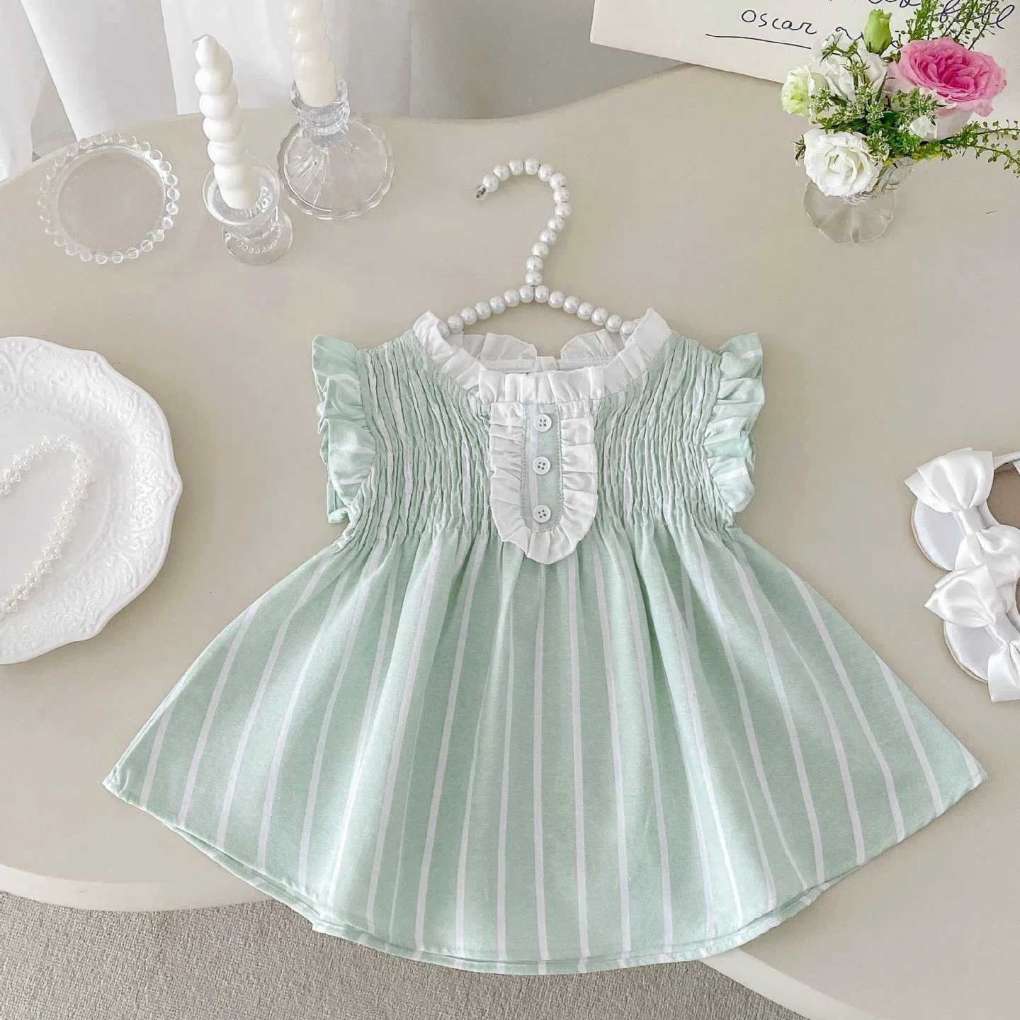 2025 Summer New Korean Style Fashionable Sweet Girls Light - Green Ruffled - Lace Sleeves - Cotton Princess Dress with Collar R250707
