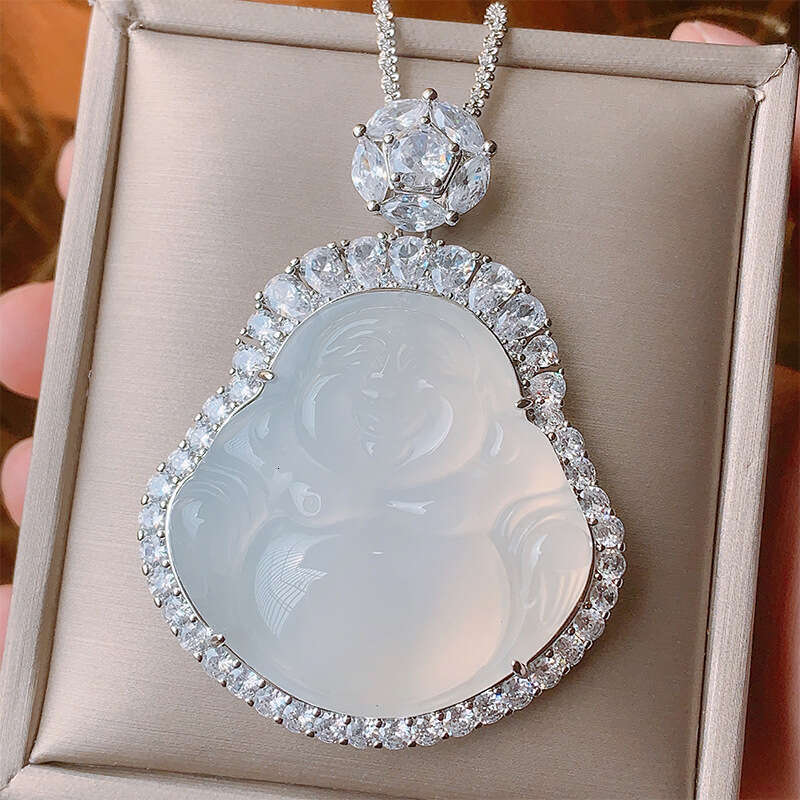 Huayoumei Jewelry Green White Chalcedony Laughing Buddha New Chinese Accessories National Style Maitreya Necklace Pendant Ec1