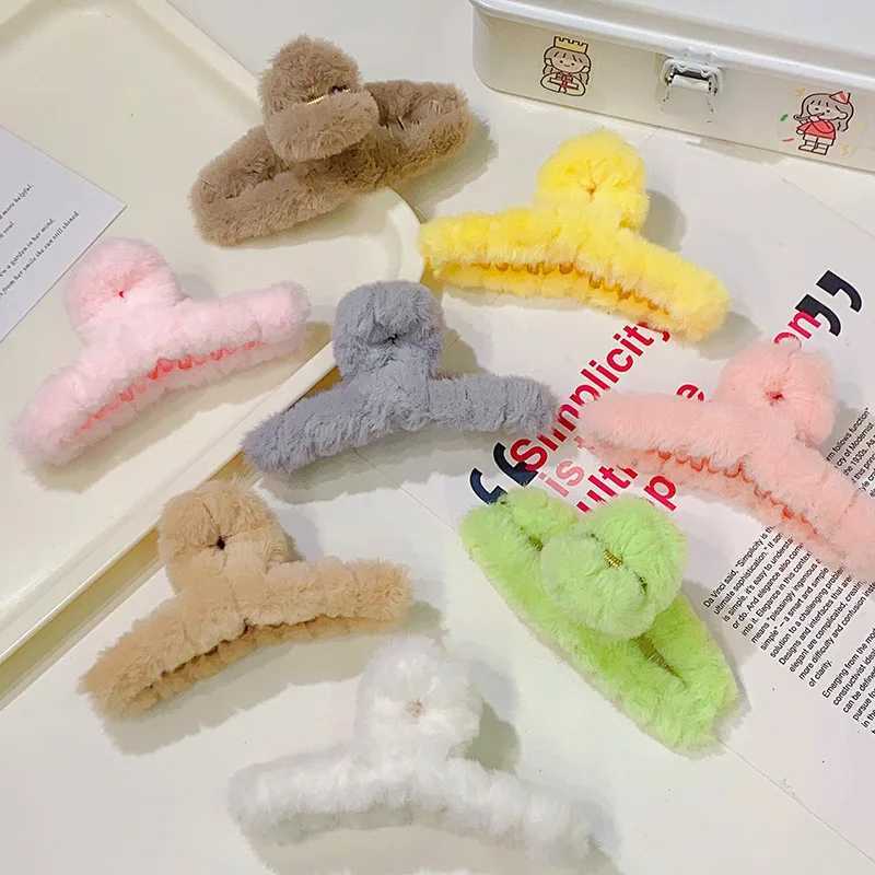 Winter New Colorful Fluffy Cross Hair Claw For Women Girls Sweet Hair Decoration Headband Hair Claw Clip Fashion Hair Accessories Y250707