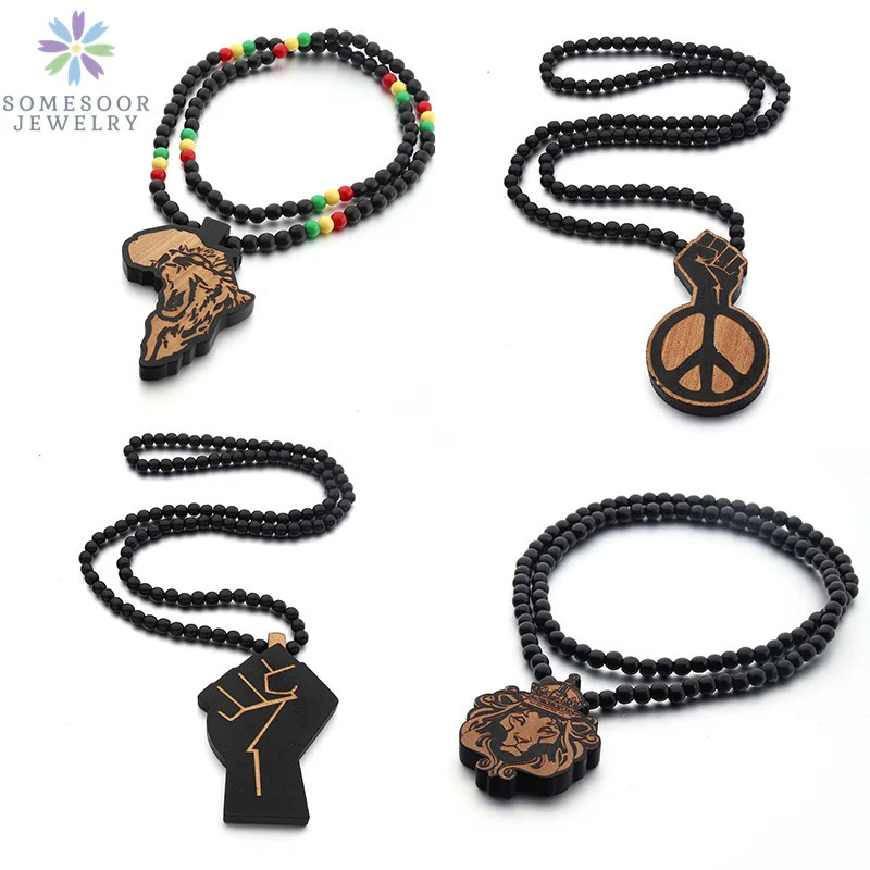 SOMESOOR Africa Map Wood Beads String Necklace Afro Lion Peace Symbol Power Fist Pendant Hip Hop Jewelry For Men Women Gifts 250704