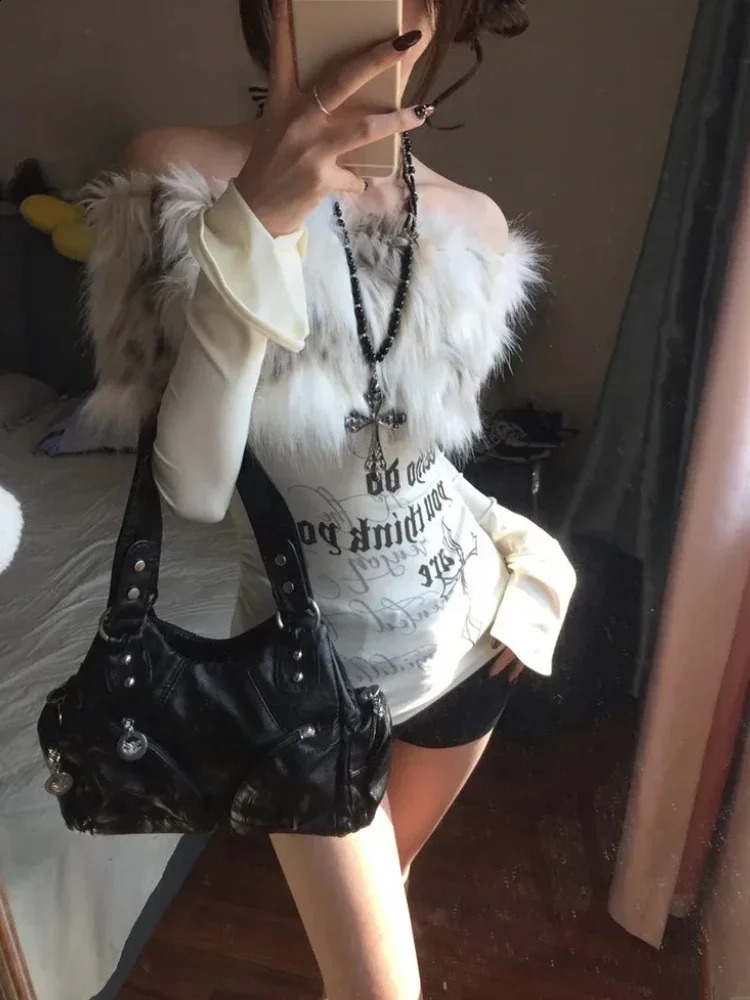 Retro and Modern Subculture Gothic Blouse Harajuku Long Sleeve T-Shirts for Women Y2K Clothing Shirts Punk Emo Top with Street 250707