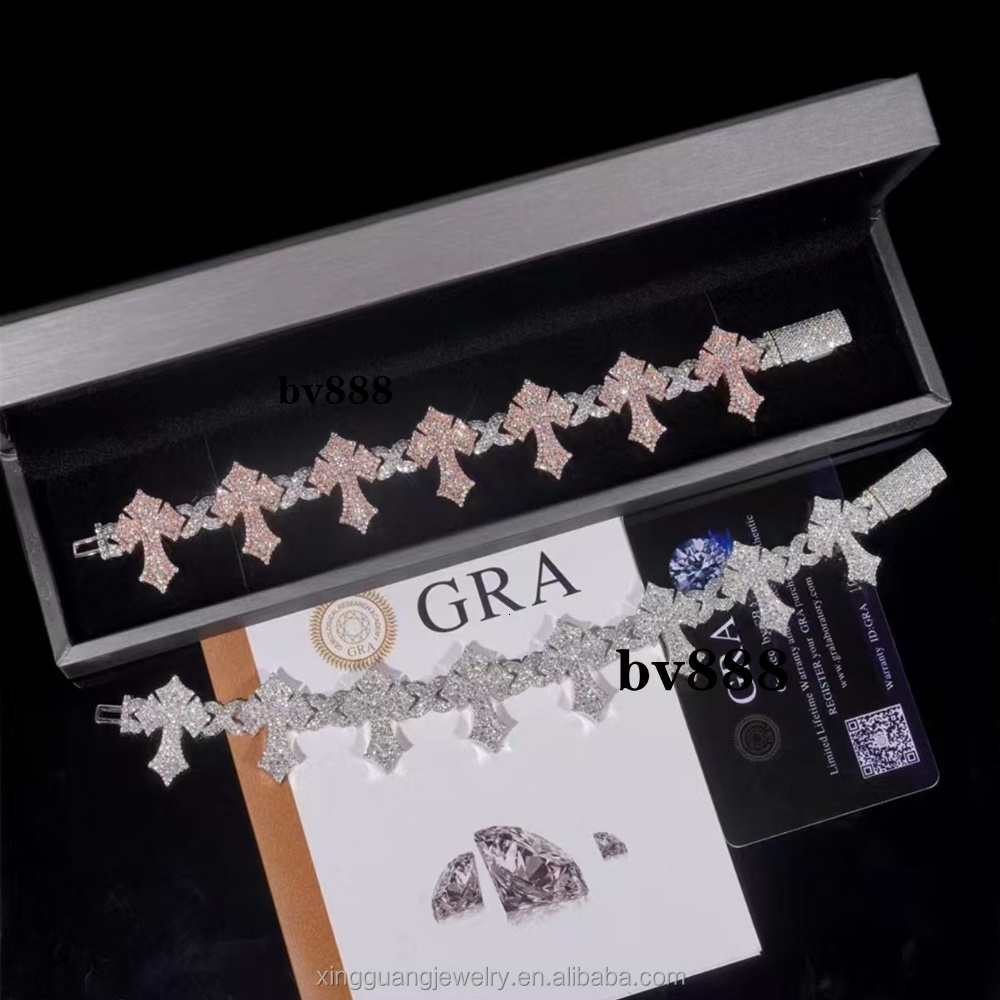 XG Iced Out Cross Moissanite Cuban Bracelets 925 Silver Plated Gold Fine Jewelry Vvs Moissanite Diamond Bracelets for Men/Women