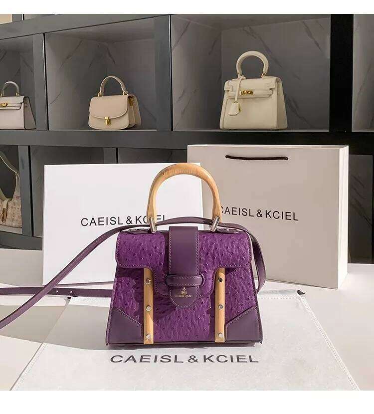 Fashion Purple Dots Wooden Handheld Square Textured Women Handbag High Quality Clutch Purse Messenger Bag