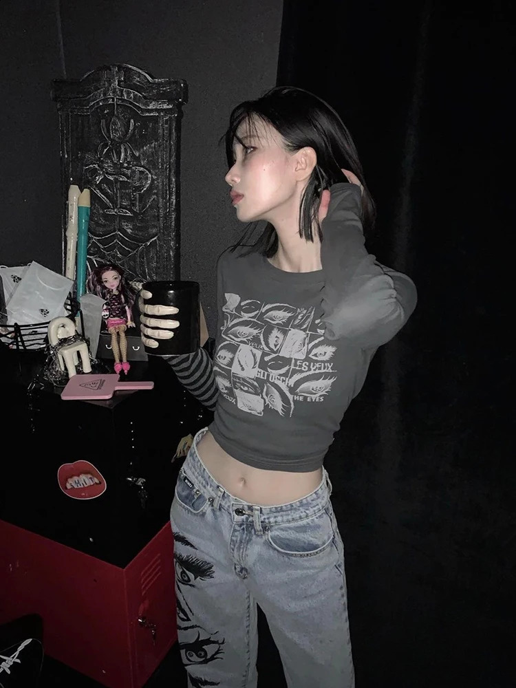 Women retro Eyes Print Tops Fairy Grunge Graphic Spring T Shirts Vintage Indie Aesthetic Clothes Cyber Y2k Slim Long Sleeve Top 250707