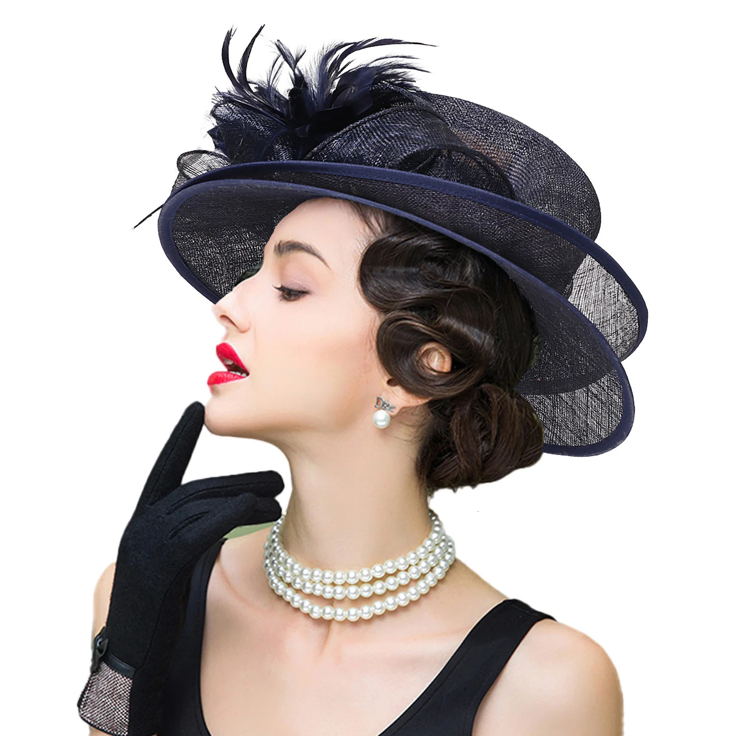 FS Sinamay Wedding Hats For Women Elegant Summer Flat Top Church Hat Navy Feather Tea Party Fascinators Fascinators 250707