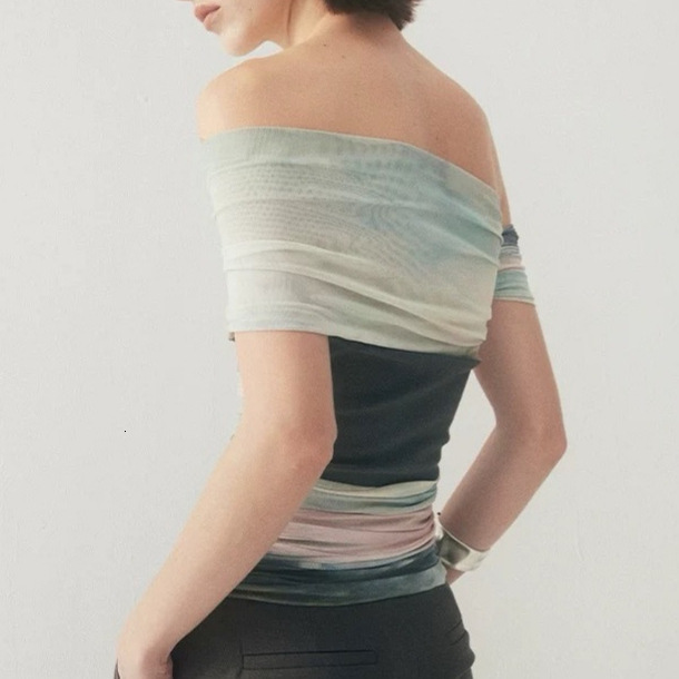 2025 Summer new women's T-shirt gradient mesh off shoulder T-shirt women's new pleated gradient color women's T-shirt new designer T-sh
