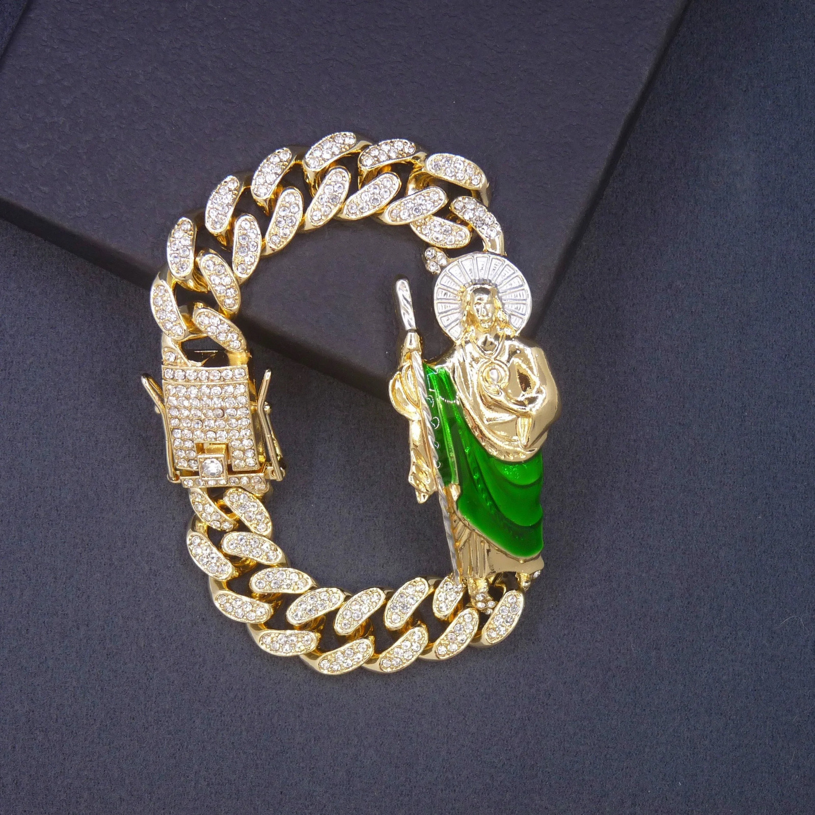 Fashionable Zinc Alloy Cuban Chain Bracelet with Glitter Decoration and Shengling Pendant NonMagnetic NonCoated Jewelry Gift 250707