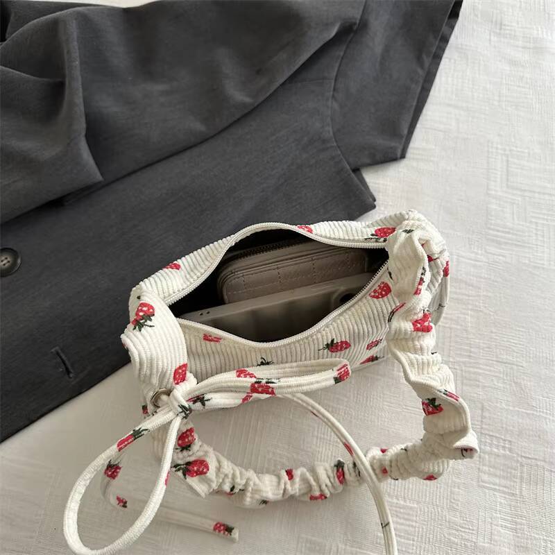 Women Small Underarm Bag Corduroy Handbag Cute Strawberry Print Little Tote Half Moon Design Eco Cloth Purse Mini Shoulder Bags ddmynov