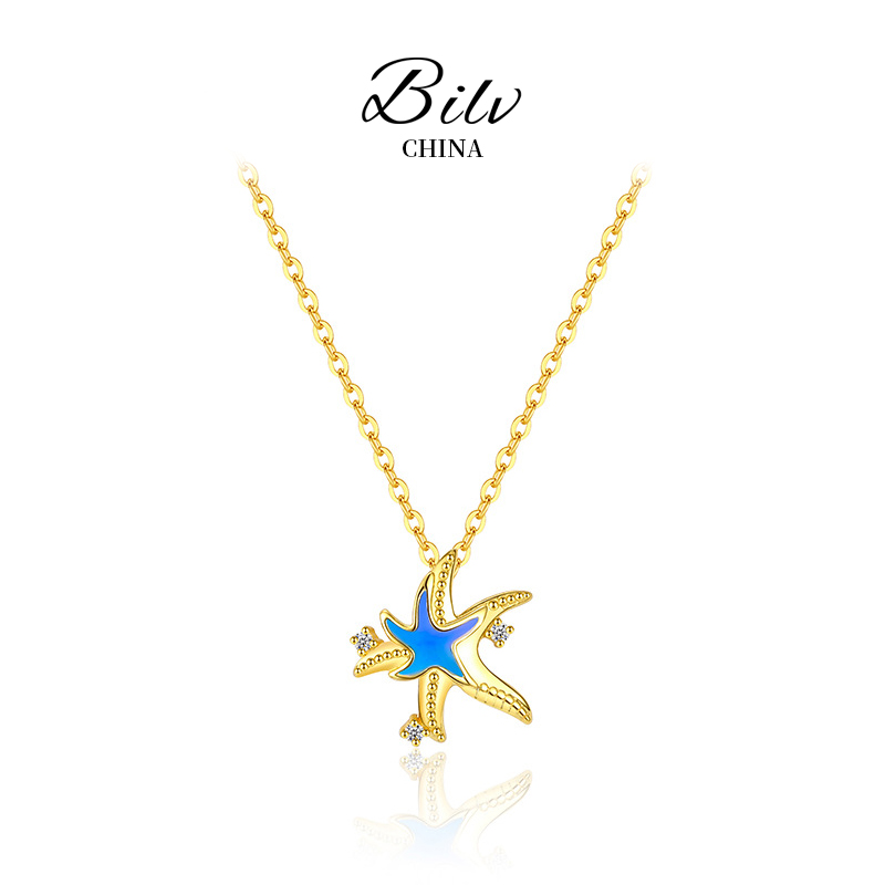 Exquisite Gold - Plated Starfish Necklace, Vivid Blue Enamel & Dazzling CZ Pendant, Skin - Friendly Beachcore Jewelry for Women