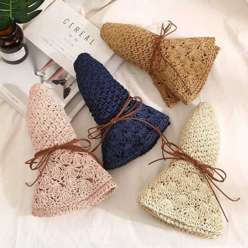 Holiday Beach Fisherman Hat Seaside Sun Protection Sun Hat Large Brim Bow Woven Straw Hat Women Panama Chapeau Koren Y250707