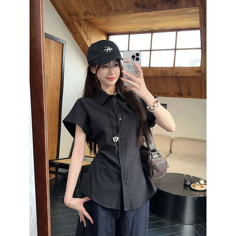 Korean Style White Polo Collar For Women Summer Design Sense Waist Slimming Versatile Stylish Cardigan Shirt B5