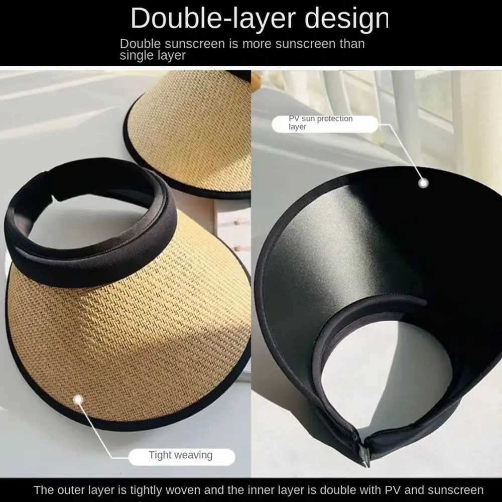 Sweet Sun Protection Straw Hat Practical Large Eaves Visors Beach Hat UV Protection Women Empty Top Ponytail Hats Y250707