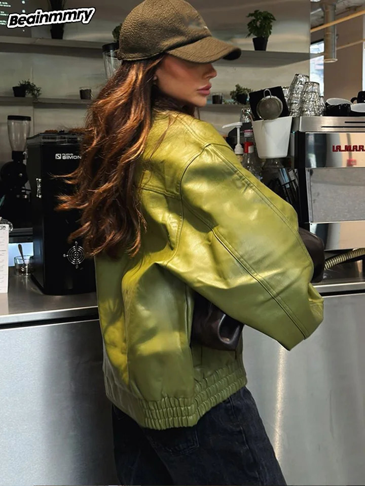 Fashion Green Loose Leather Jackets Womens Chic Laple Zipper Long Sleeve Short Coats 2025 Lady Casual High Street Outerwear 250703
