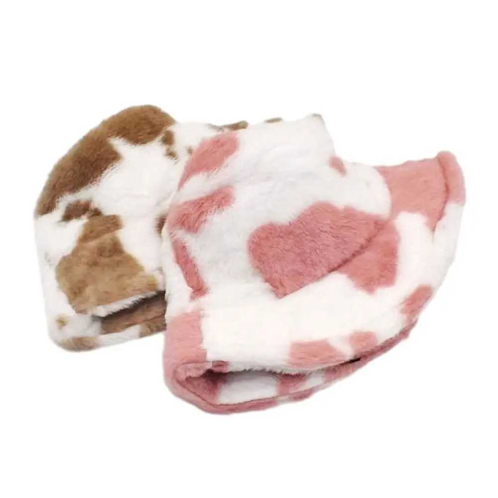 Winter Bucket Hat Womens Fashion Milk Cow Grain Panama Warm Hats Female Vintage Faux Fur Fisherman Cap Hats For Women Casual Y250707