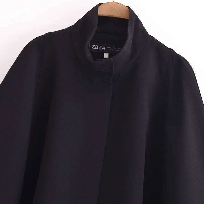 TRAF Black Cropped Cape Women's Autumn Winter Oversized Long Sleeve Short Cloak Outerwear Fashion Casual Elegant Coat