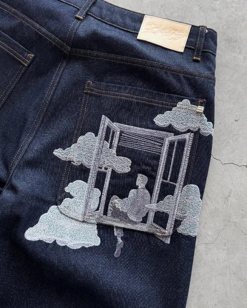 Men's Shorts Aziza Black Loose Pattern Pocket Denim Mens Womens Hip Hop Retro Punk Jeans Short Street Knee Lenght Jorts