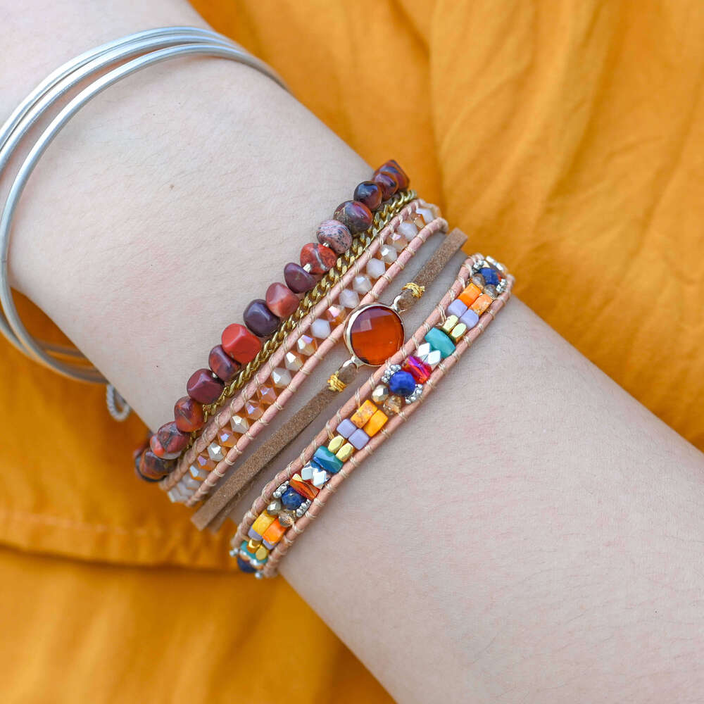 Fashionable Orange Crystal Woven Healing Natural Stone Bohemian Magnetic Clasp Bracelet Drop Ship