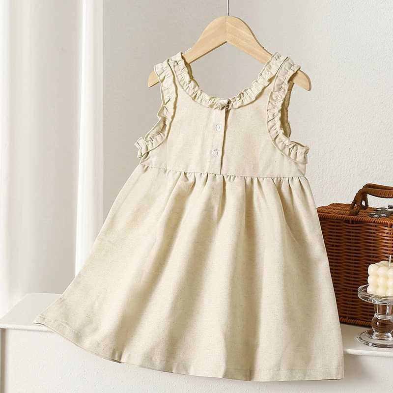 1-6 Years Solid Linen Cotton Ruffle Sleeve Kids Dresses Summer Princess Party Dress Toddler Girl A-Line Sundress Baby Girl Dress R250707