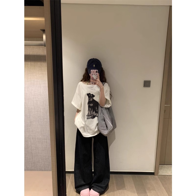 2025 Summer New Women's S T-shirt Summer Spicy Girl Dog Print Asymmetric Fashion Women's T-shirt Lazy Style Wide Truffle Shoulder Top New De