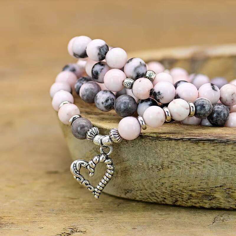 108 Healing Pink Zebra 8MM Boho Bracelet Handmade Natural Stone Beads Mala Necklace Wholesale