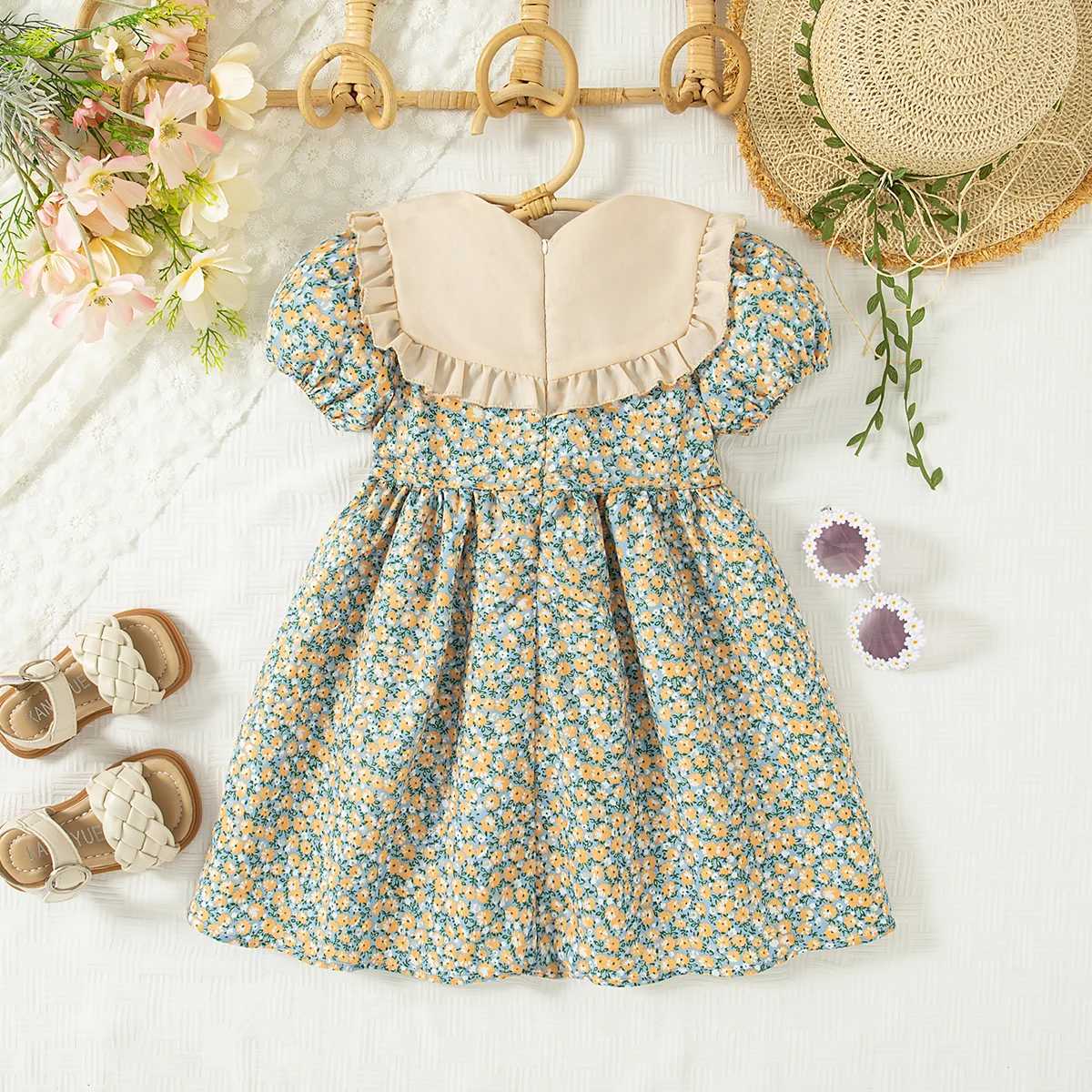 Girl Dress Summer Flower Printed Casual Dress Cute Collar Bow Elegant Outdoor Kids Clothing R250707
