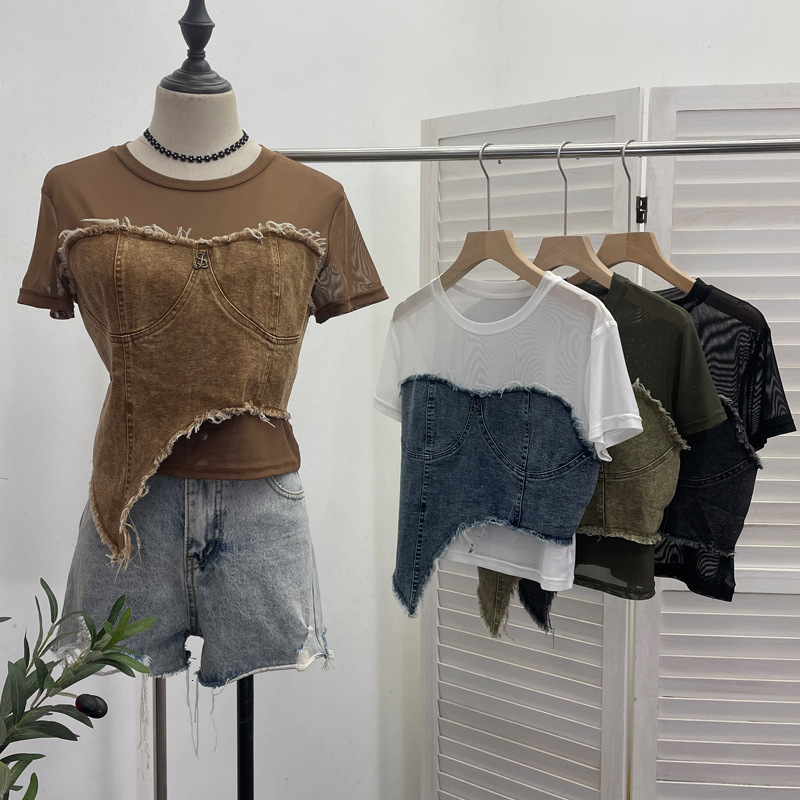 2025 Summer new women's T-shirt denim splicing niche short sleeved T-shirt summer fashion irregular high waist slim fit top new designer T-shirt
