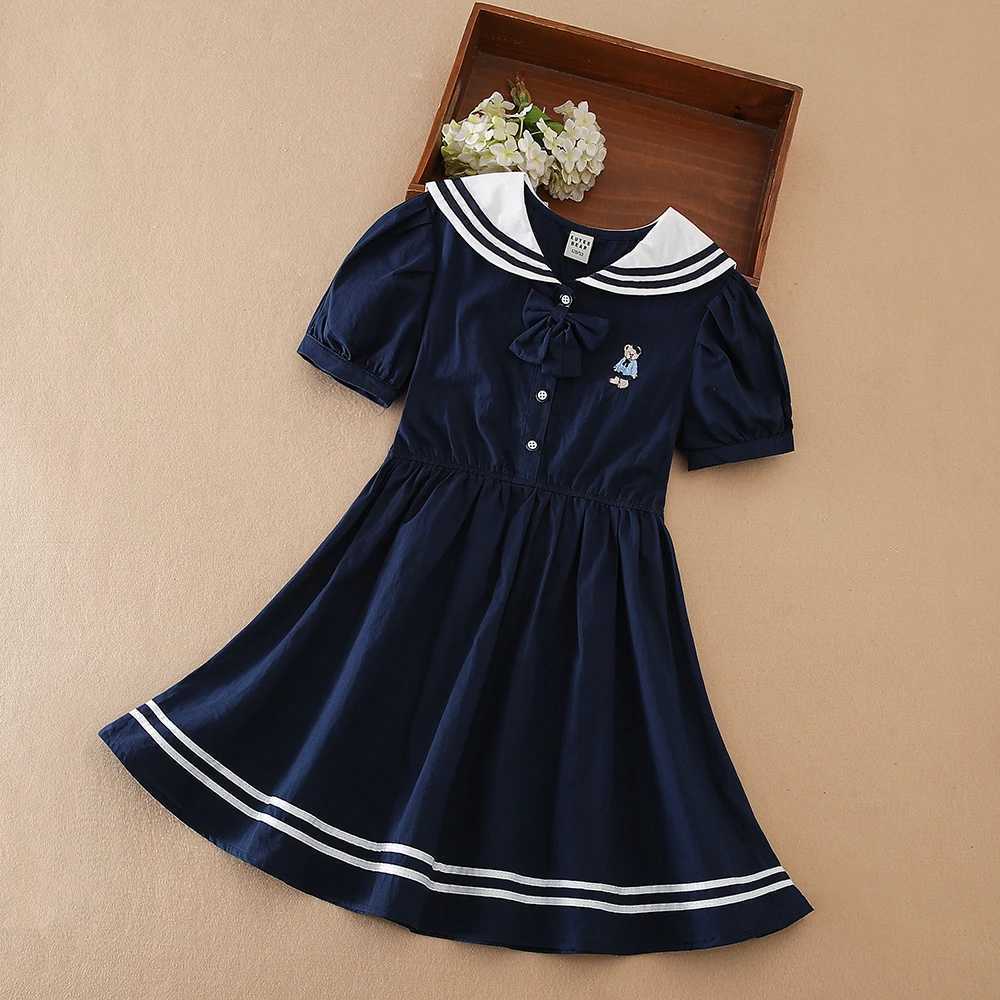 100% Cotton White Sailor Back to School Dress for Girls Suitable for 5-12 Years Old Girls Short Sleeve Summer Dresses R250707