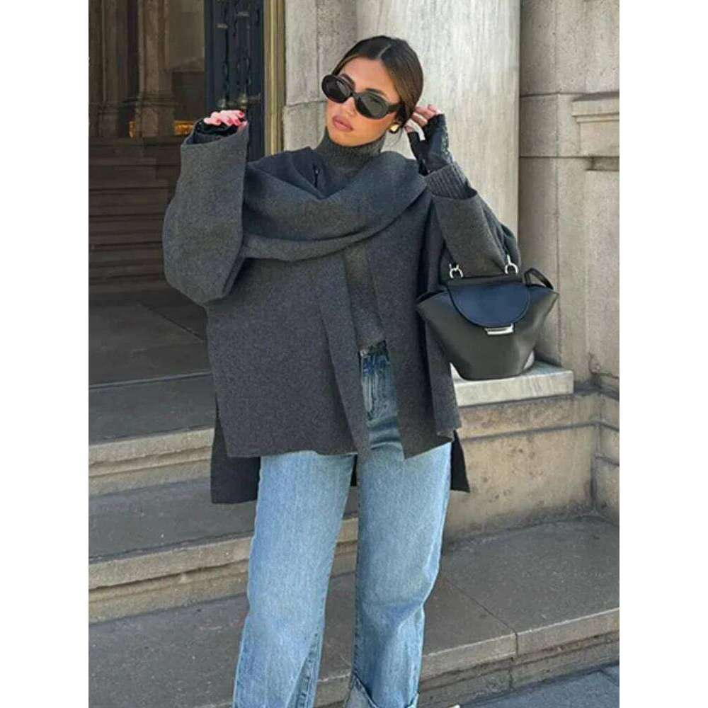ZBZA Women's Asymmetric Scarf Knitted Jacket O-neck Single Button Side Slit Solid Loose Coat Winter New Female Chic Outerwear