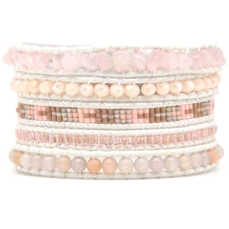 Bohemian Woven Fully Handmade Miyuki Seed Beads Rose Quartz Leather Bracelet Jewelry
