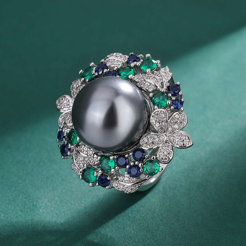Gray Ring Tahitian Deep Sea Emerald Zircon Flower Necklace Pearl Stud Earring Set Jewelry For Women 8Ba