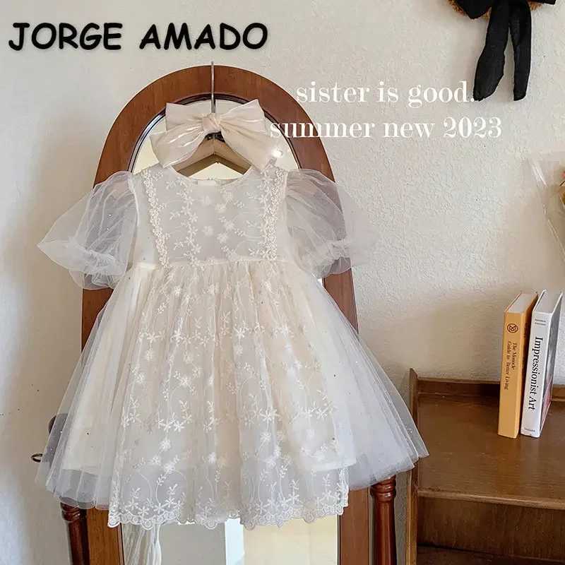 Korean Style New Summer Princess Dress Round Collar Short Sleeves Solid Color Dresses with Lace Children Clothing E23023 R250707