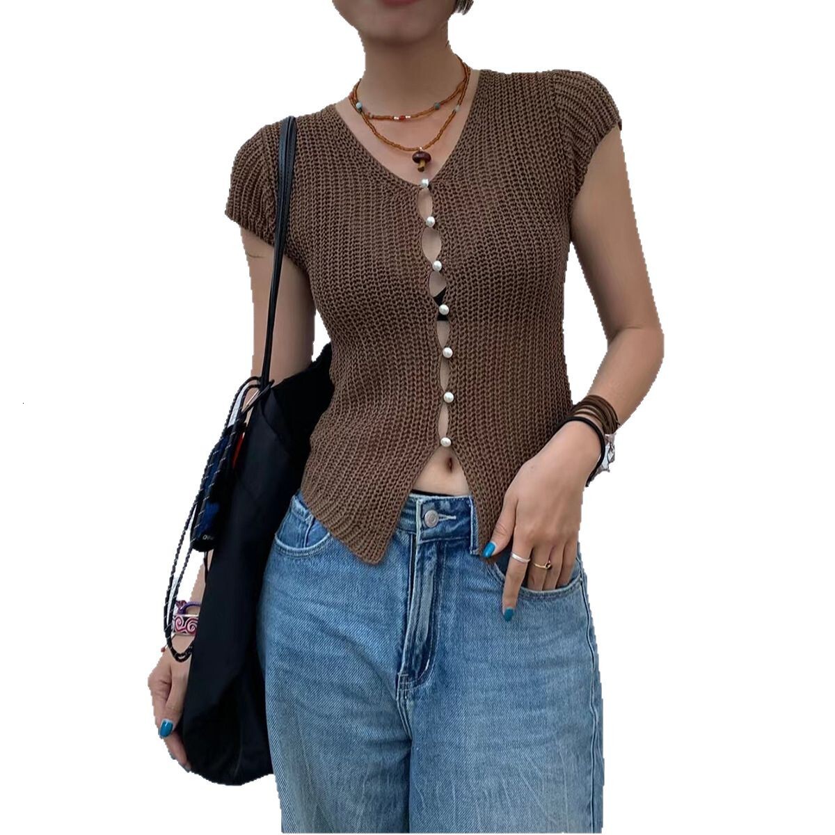 2025 Summer New women's T-shirt V-neck Pearl Button Knit Short Sleeved Women's Summer New Fashionable V-neck Slim Fit Spicy Girl Top New Des
