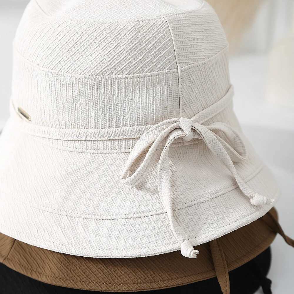 Korean Style Bow Plaid Womens Bucket Hat Foldable Fisherman Cap Spring Summer Sunshade Retro Fashion Simple Cloth Lady Hat New Y250707