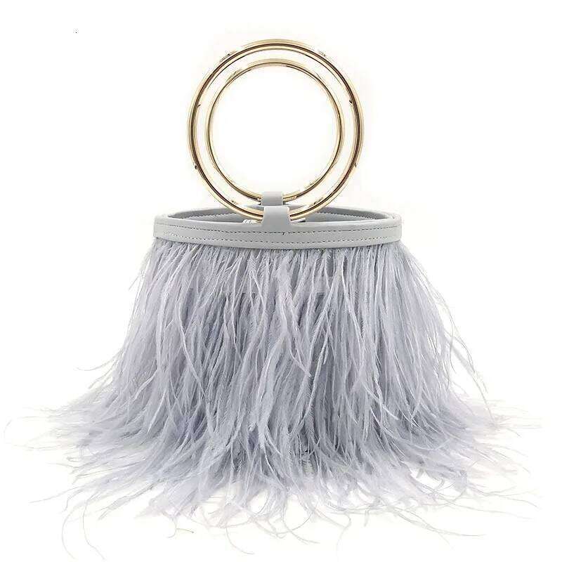 Real Feathers Bucket Evening Bags Fashion One Shoulder Handbag Chain Ostrich Feather Ring Bag