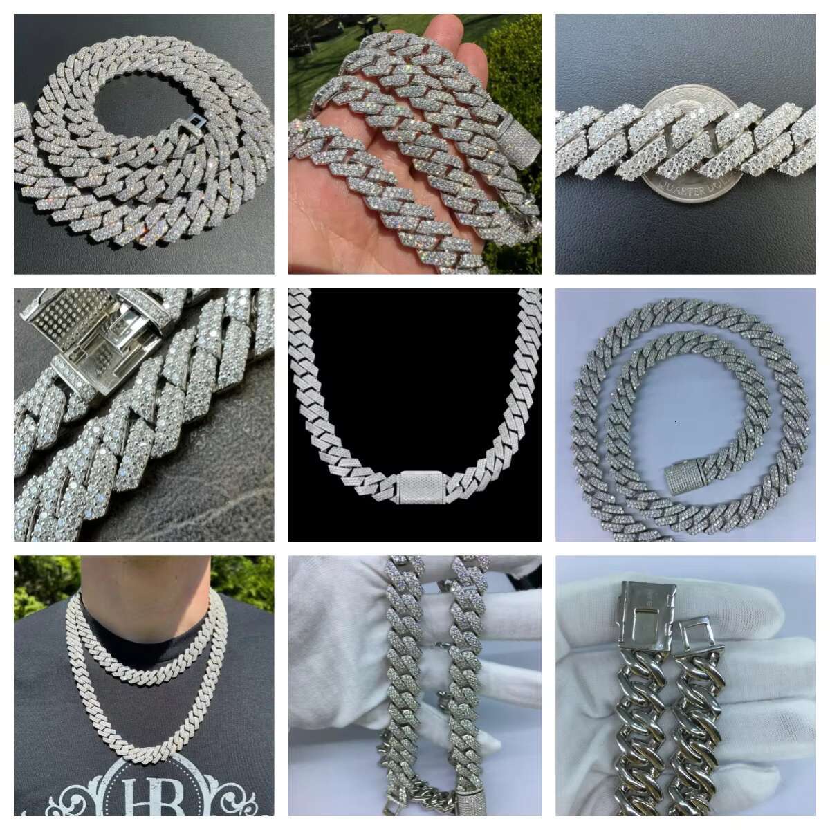 Custom Hip Hop Ice Out Mossanite Necklace 925 Sterling Silver VVS Moissanite Cuban Link Cuban Chain