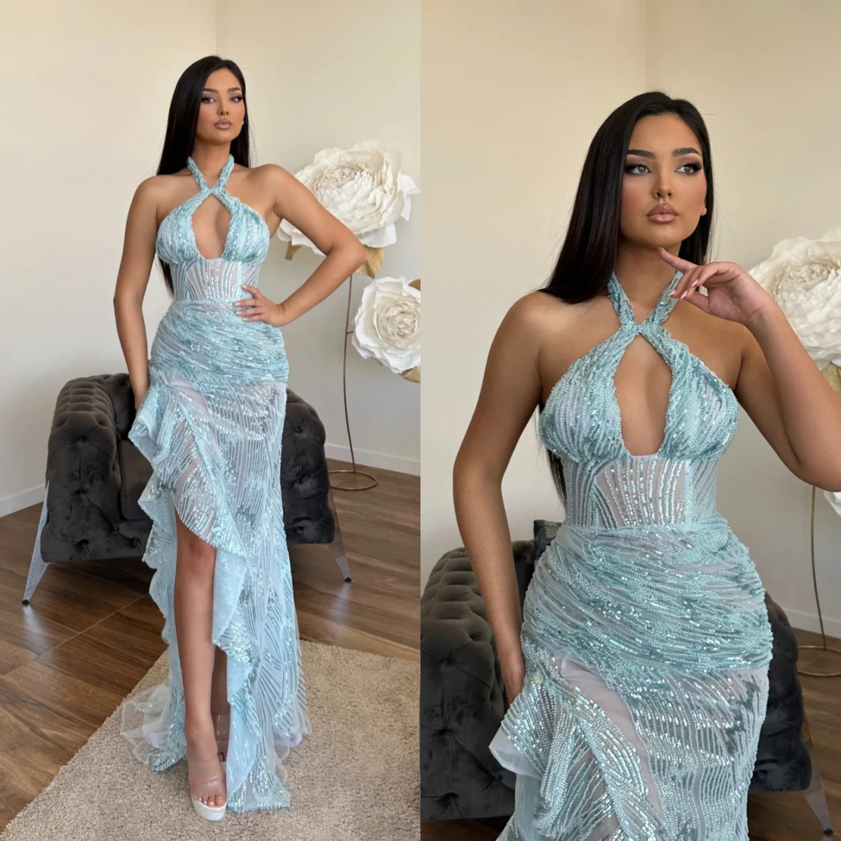 Sexy Women Evening Dresses Sweetheart Neck Halter Sleeveless Gown Sequins Split Side Sweep Train Dress For Party Custom Made