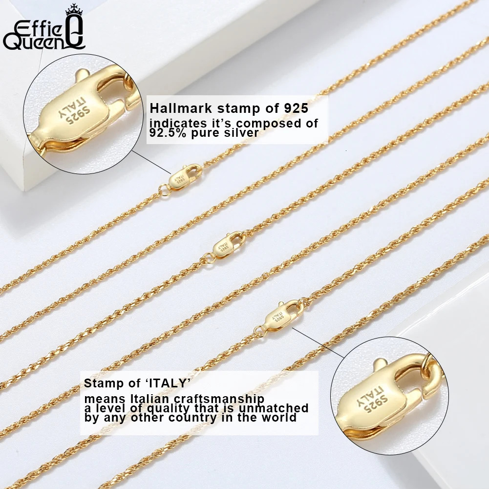 Effie Queen Genuine 925 Sterling Silver Italian Diamond-Cut Rope Chain Necklace for Women Men 18K Gold Twist Chain Jewelry SC29 250702