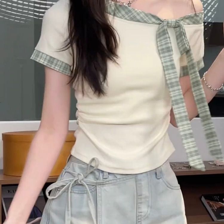2025 Summer new women's T-shirt sweet style striped T-shirt summer bow T-shirt slim fit off shoulder top new designer T-shirt