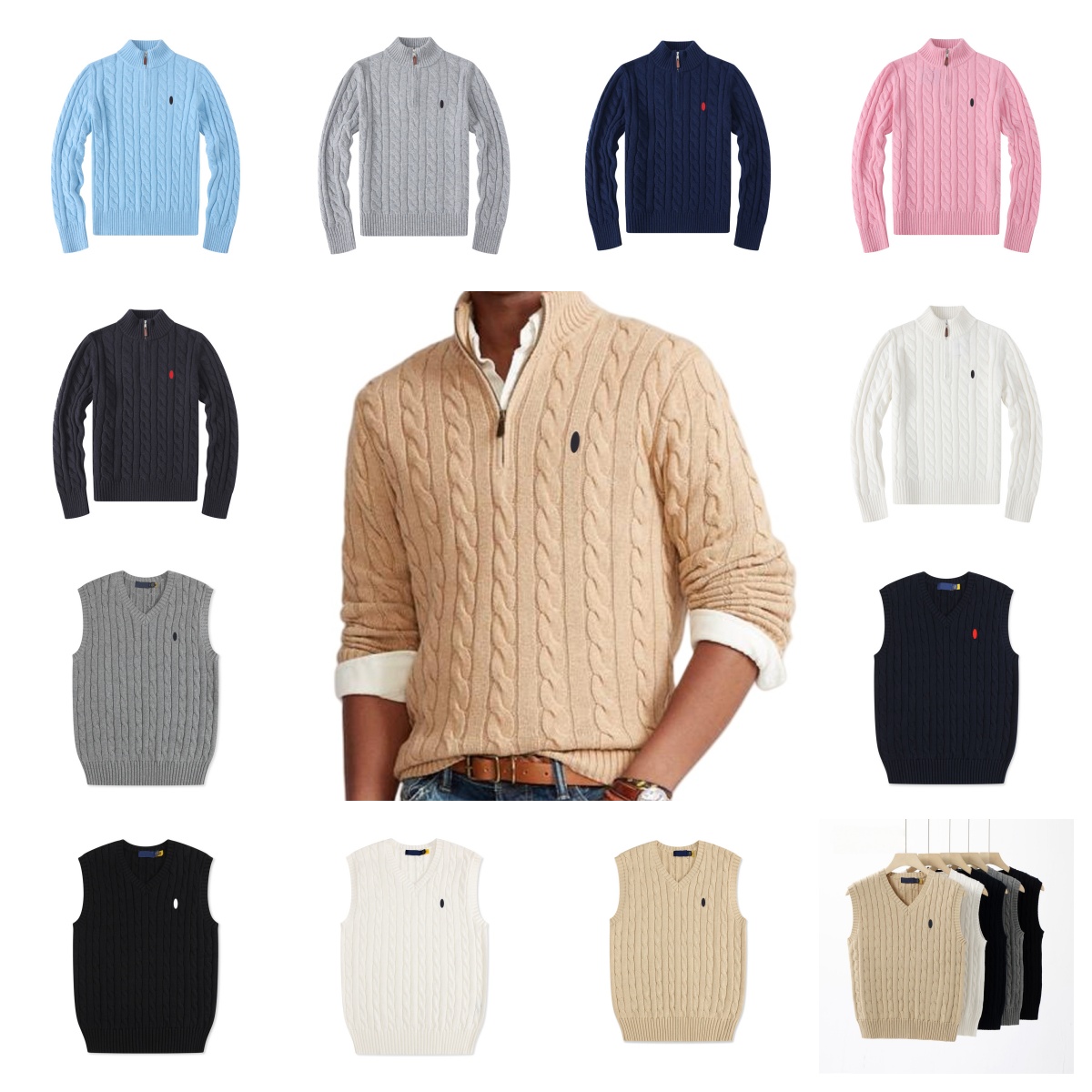 Luxury Designer Men's Polo Sweater Autumn and Winter Stand Collar Twist-Knit Sweater Fashion Casual Cotton Padded Warm Pullover