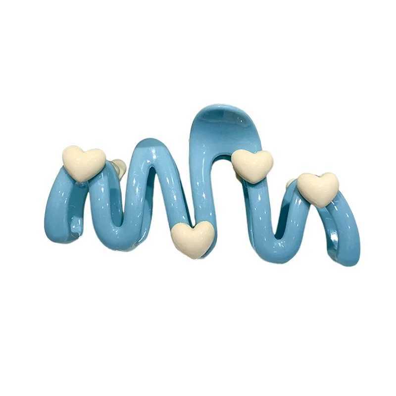 Blue Heart Wave Shaped Hair Claw Cream Color Clips for Women Sweet Cute Irregular Shark Clip Large Ponytail Clip Hairpins 10.5CM Y250707