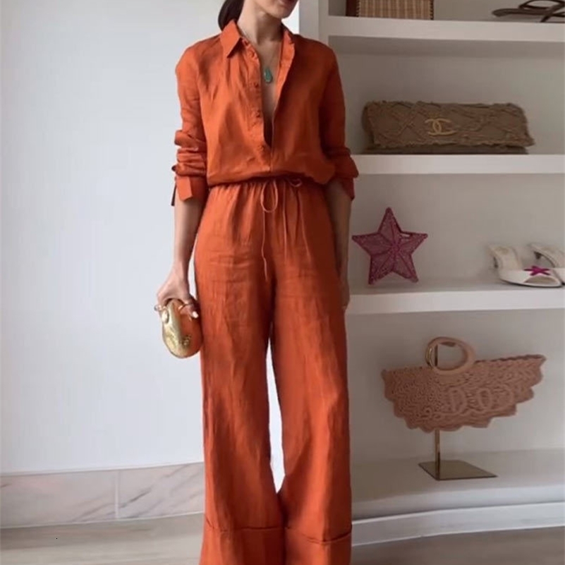 Casual Solid Shirt Pants Suit Women Lapel Single Breasted Loose Shirt Wide Leg Drawstring Trouser 2025 Spring Fashion Female Set 250703
