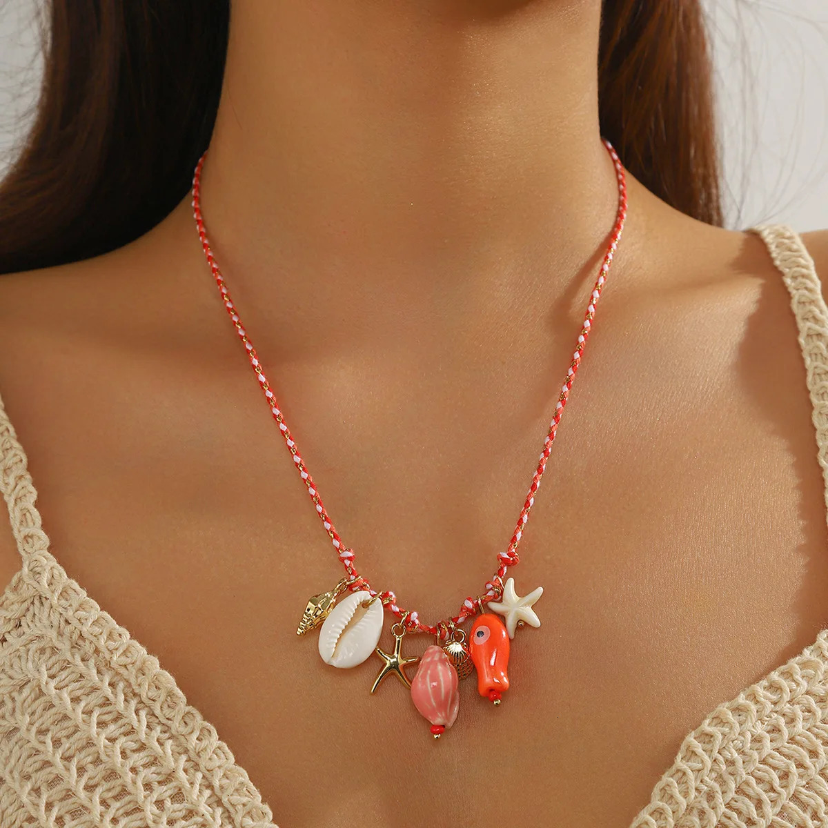 2025 Fashion Colorful Rope Woven Shell Starfish Ceramic Small Fish Pendant Necklace Womens Summer Bohemian Jewelry 250704