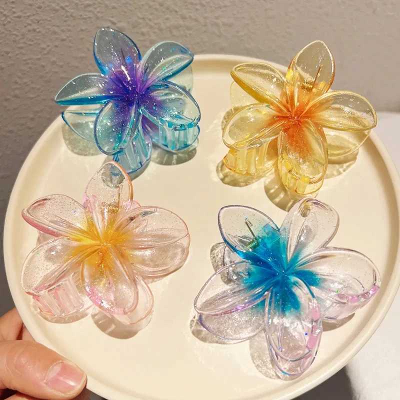 New Fashion Sparkling Flower Claw Clip for Women Transparent Sweet Ponytail Shark Clip Versatile Girl Hair Accessories Y250707